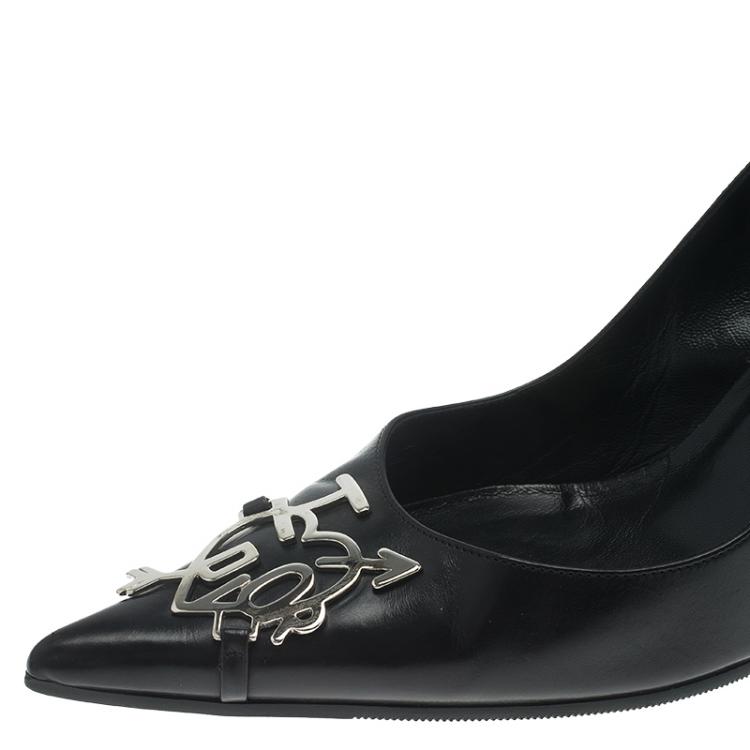 Pre Owned Dior Black Leather Dior Plaque Pointed Toe Pumps Size 38.5