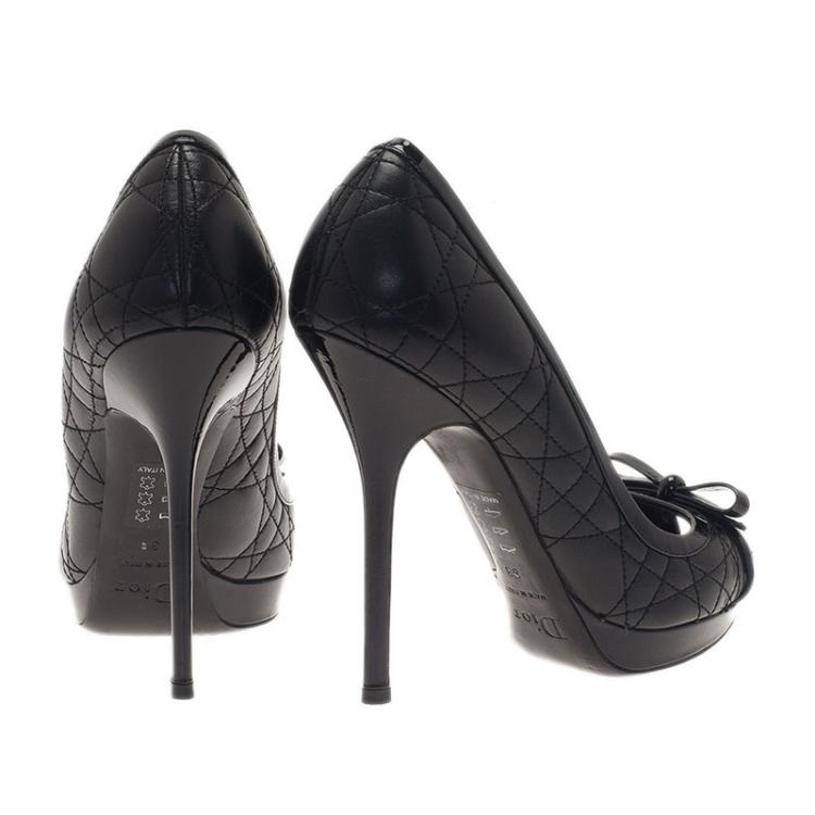 Pre Owned Dior Black Leather Cannage Bow Peep Toe Pumps Size 38