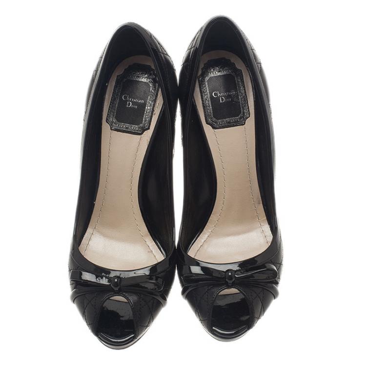 Pre Owned Dior Black Leather Cannage Bow Peep Toe Pumps Size 38