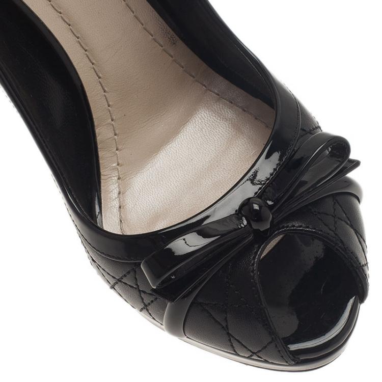 Pre Owned Dior Black Leather Cannage Bow Peep Toe Pumps Size 38