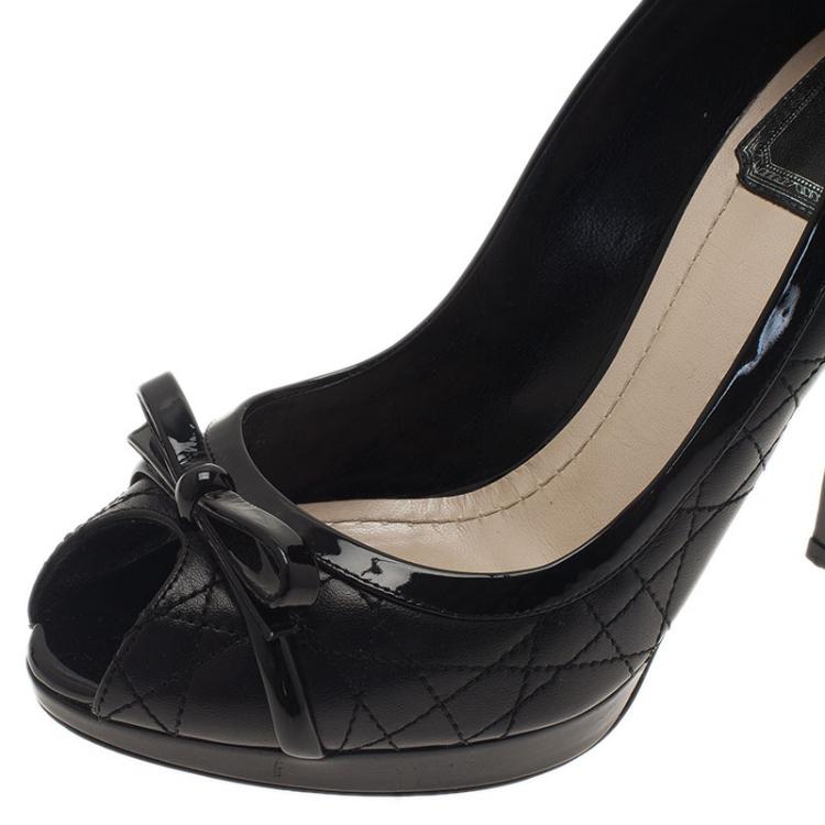 Pre Owned Dior Black Leather Cannage Bow Peep Toe Pumps Size 38