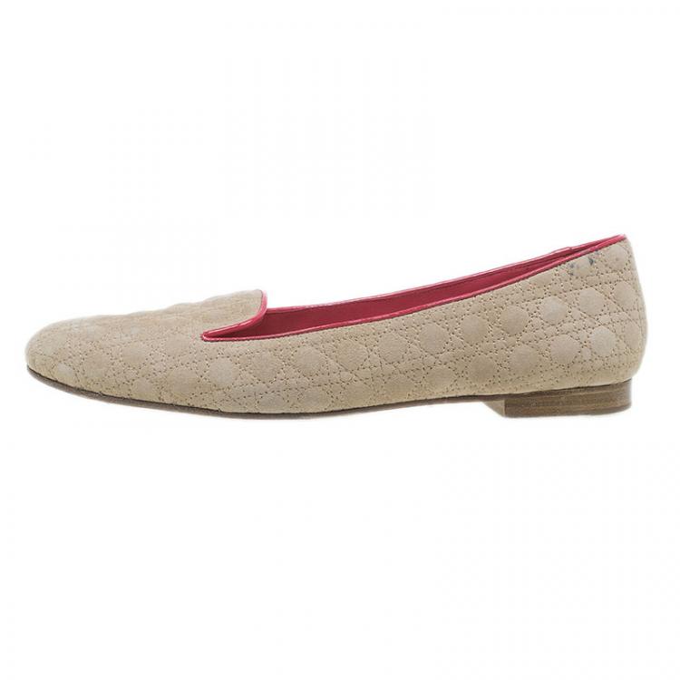 Pre Owned Dior Brown and Coral Quilted Cannage Suede Loafers Size 40