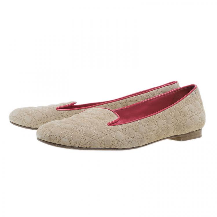 Pre Owned Dior Brown and Coral Quilted Cannage Suede Loafers Size 40
