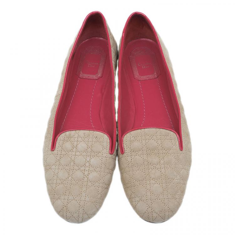 Pre Owned Dior Brown and Coral Quilted Cannage Suede Loafers Size 40