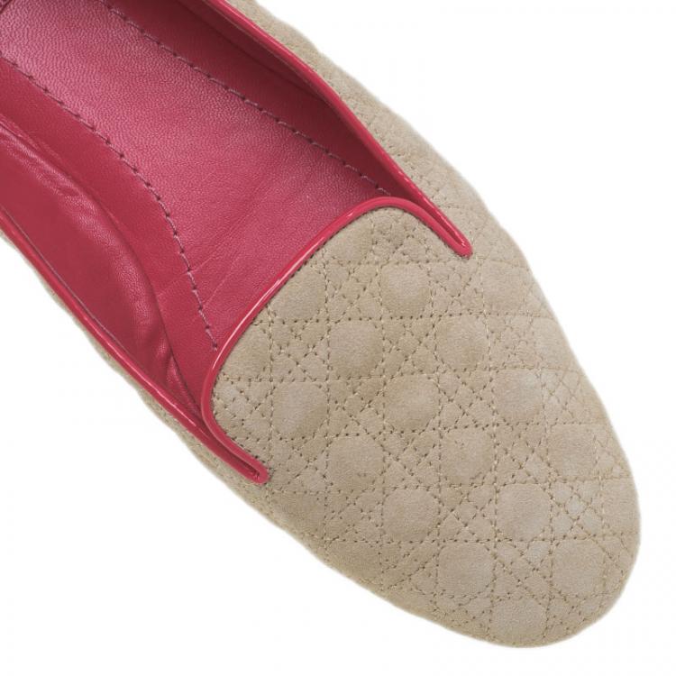 Pre Owned Dior Brown and Coral Quilted Cannage Suede Loafers Size 40
