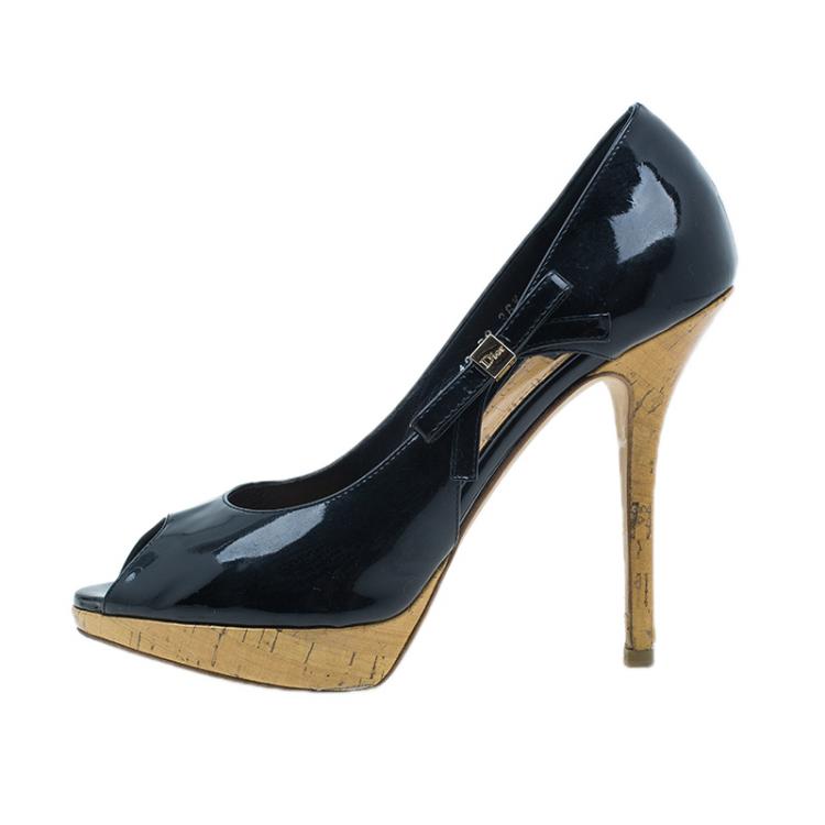 Pre Owned Dior Black Patent Starlet Peep Toe Pumps Size 36.5