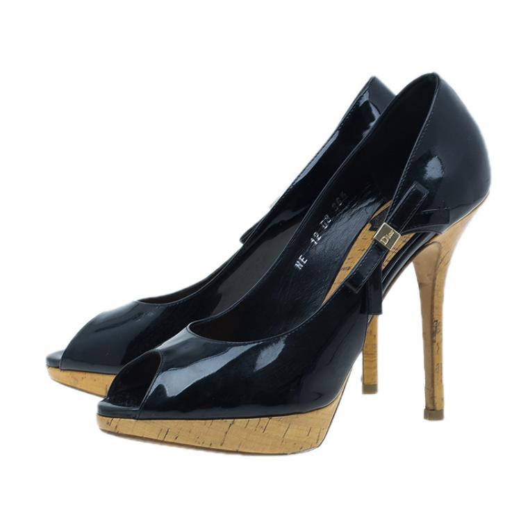 Pre Owned Dior Black Patent Starlet Peep Toe Pumps Size 36.5