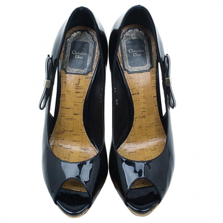 Pre Owned Dior Black Patent Starlet Peep Toe Pumps Size 36.5