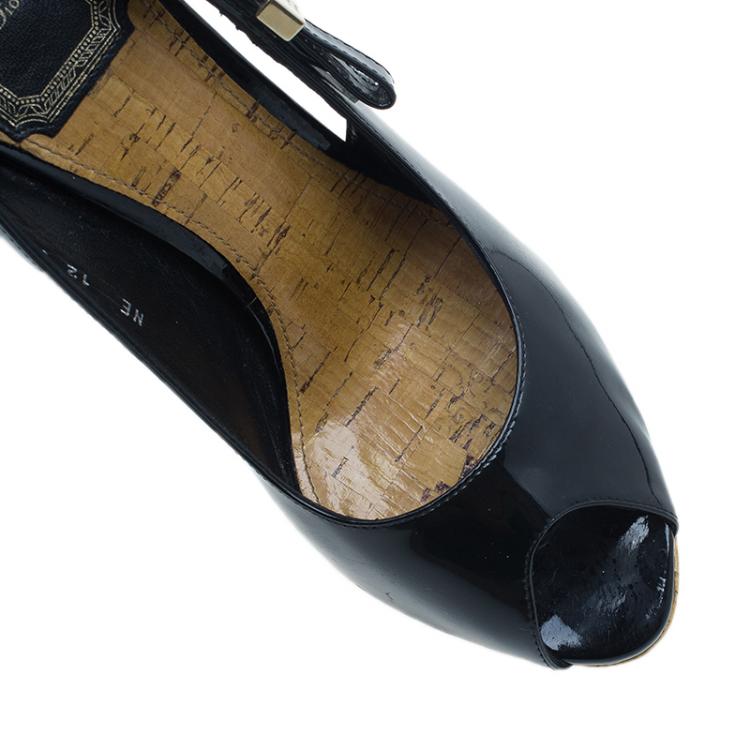 Pre Owned Dior Black Patent Starlet Peep Toe Pumps Size 36.5
