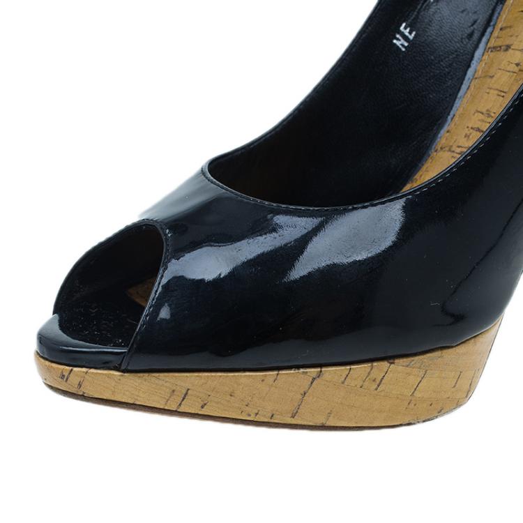 Pre Owned Dior Black Patent Starlet Peep Toe Pumps Size 36.5