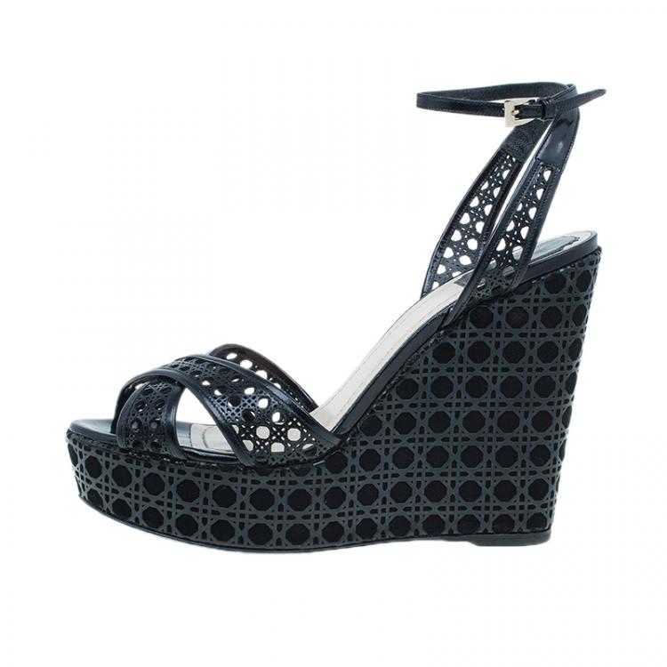 Pre Owned Dior Black Leather Cannage Cutout Ankle Strap Wedges Size 40