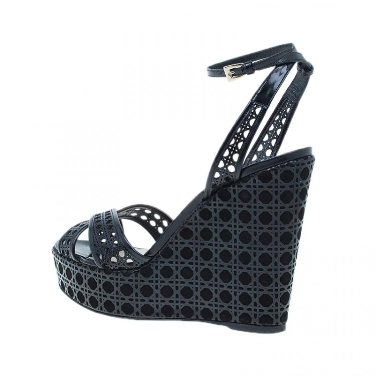 Pre Owned Dior Black Leather Cannage Cutout Ankle Strap Wedges Size 40