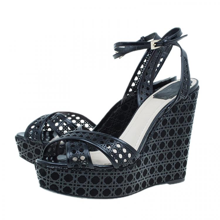 Pre Owned Dior Black Leather Cannage Cutout Ankle Strap Wedges Size 40