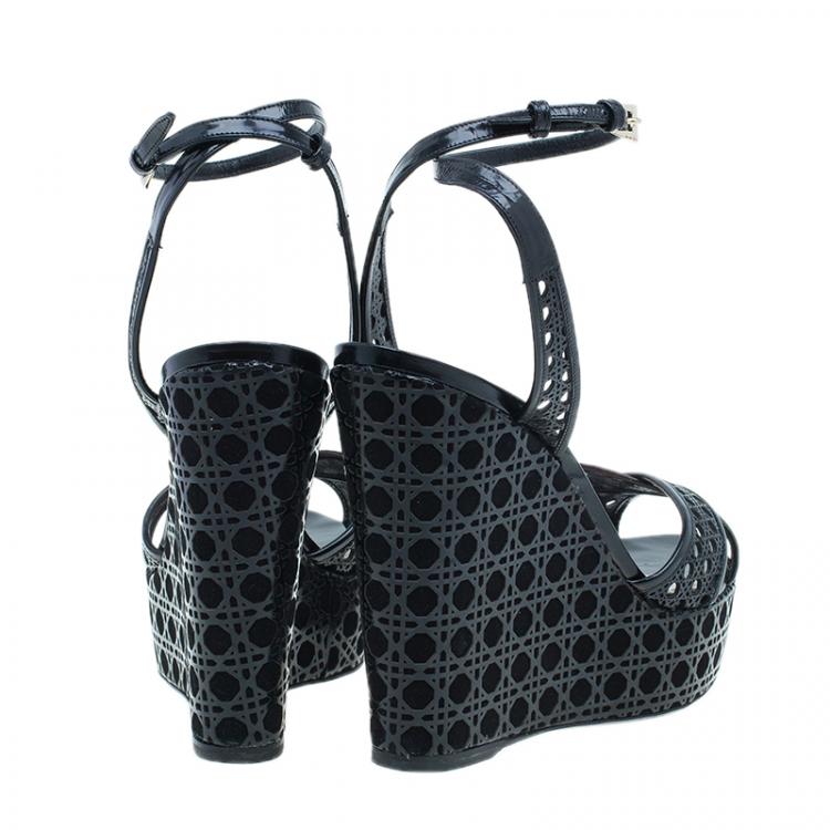Pre Owned Dior Black Leather Cannage Cutout Ankle Strap Wedges Size 40