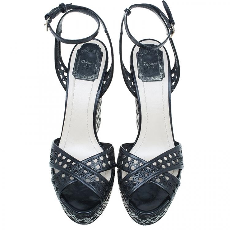 Pre Owned Dior Black Leather Cannage Cutout Ankle Strap Wedges Size 40