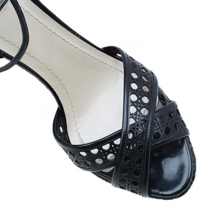 Pre Owned Dior Black Leather Cannage Cutout Ankle Strap Wedges Size 40