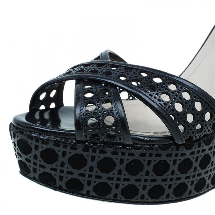 Pre Owned Dior Black Leather Cannage Cutout Ankle Strap Wedges Size 40