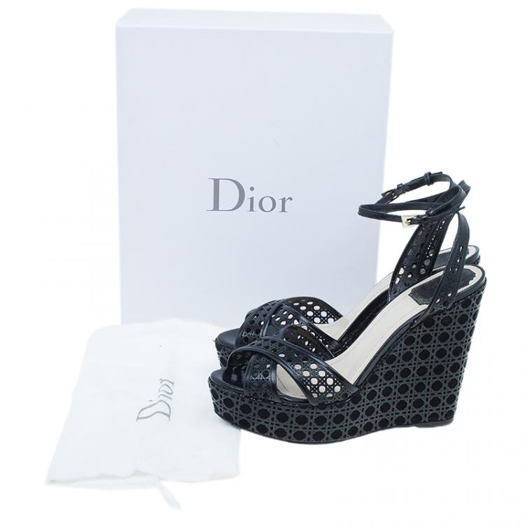 Pre Owned Dior Black Leather Cannage Cutout Ankle Strap Wedges Size 40