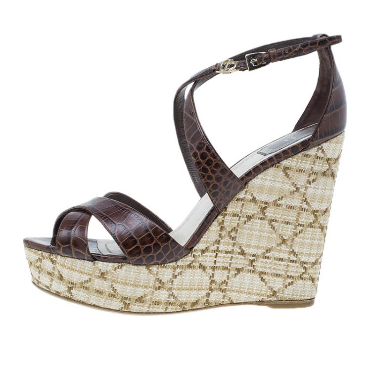 Pre Owned Dior Brown Croc Embossed Leather Criss Cross Wedges Size 40