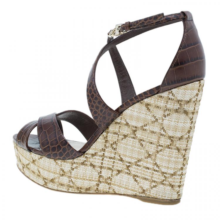 Pre Owned Dior Brown Croc Embossed Leather Criss Cross Wedges Size 40