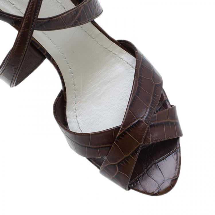 Pre Owned Dior Brown Croc Embossed Leather Criss Cross Wedges Size 40