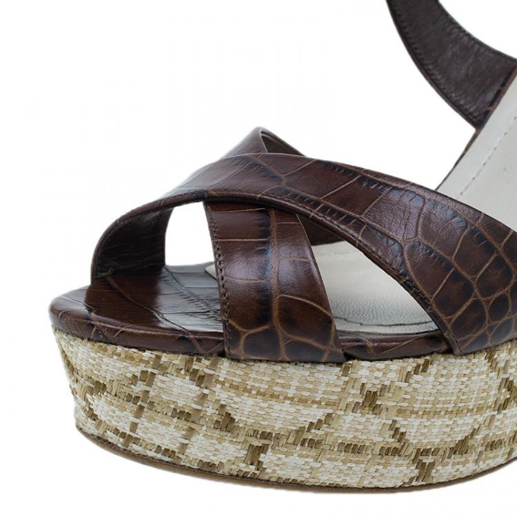 Pre Owned Dior Brown Croc Embossed Leather Criss Cross Wedges Size 40