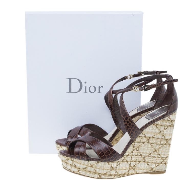 Pre Owned Dior Brown Croc Embossed Leather Criss Cross Wedges Size 40