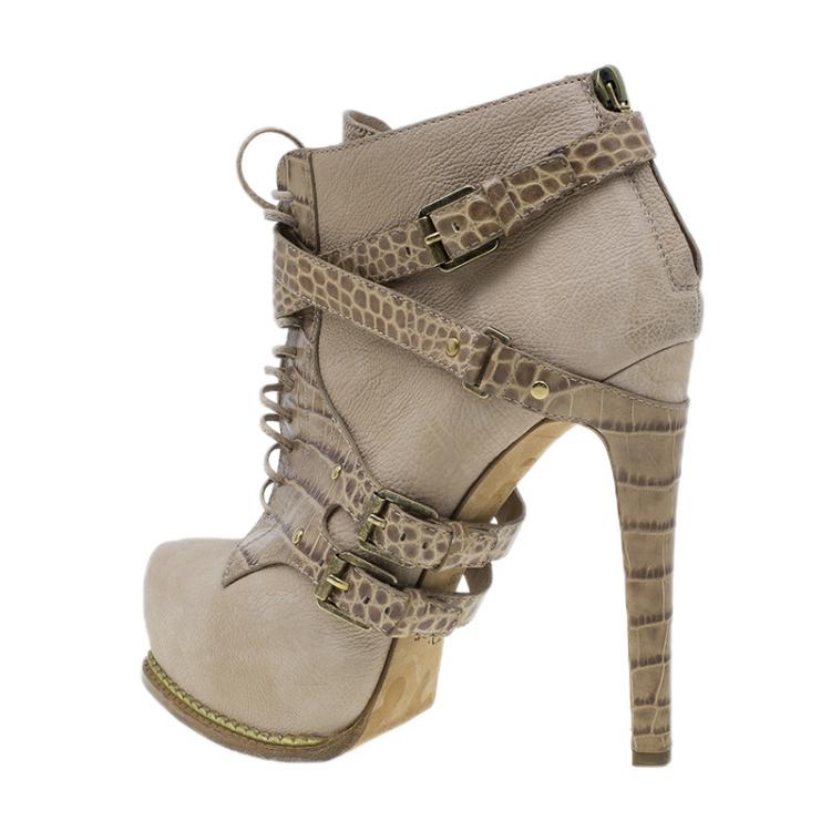 Pre Owned Dior Beige Guetre Leather and Crocodile Print Lace Up Ankle Boots Size 39