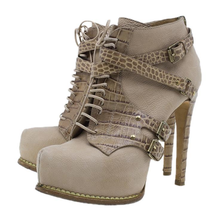 Pre Owned Dior Beige Guetre Leather and Crocodile Print Lace Up Ankle Boots Size 39