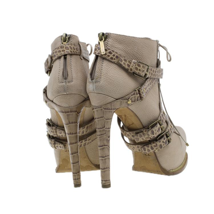 Pre Owned Dior Beige Guetre Leather and Crocodile Print Lace Up Ankle Boots Size 39
