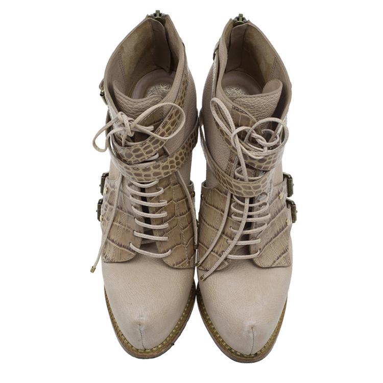 Pre Owned Dior Beige Guetre Leather and Crocodile Print Lace Up Ankle Boots Size 39