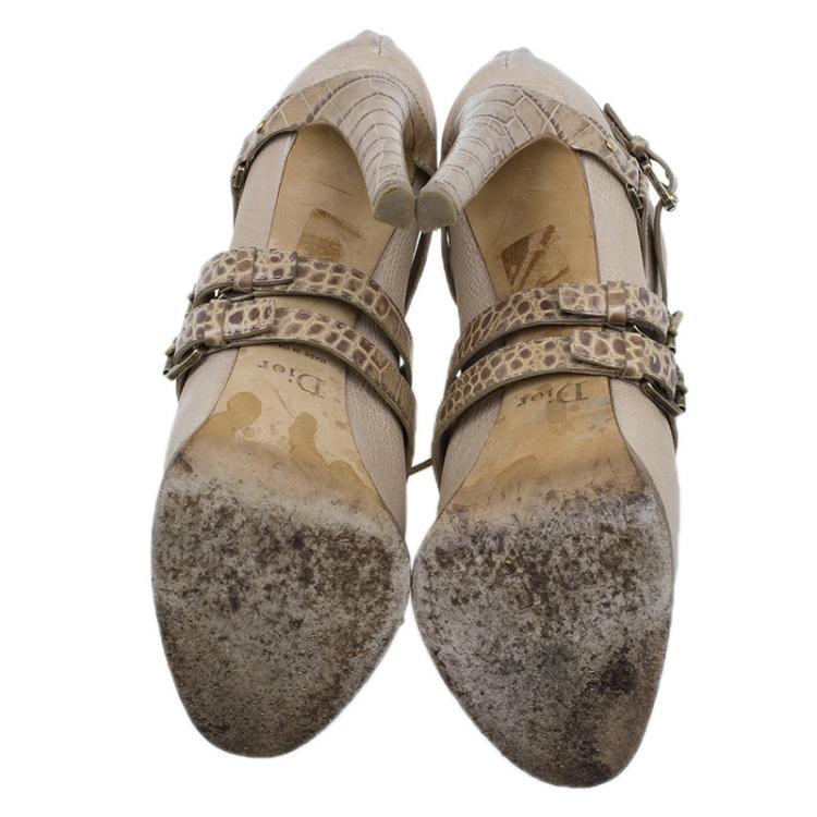 Pre Owned Dior Beige Guetre Leather and Crocodile Print Lace Up Ankle Boots Size 39