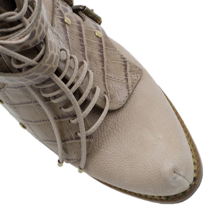 Pre Owned Dior Beige Guetre Leather and Crocodile Print Lace Up Ankle Boots Size 39