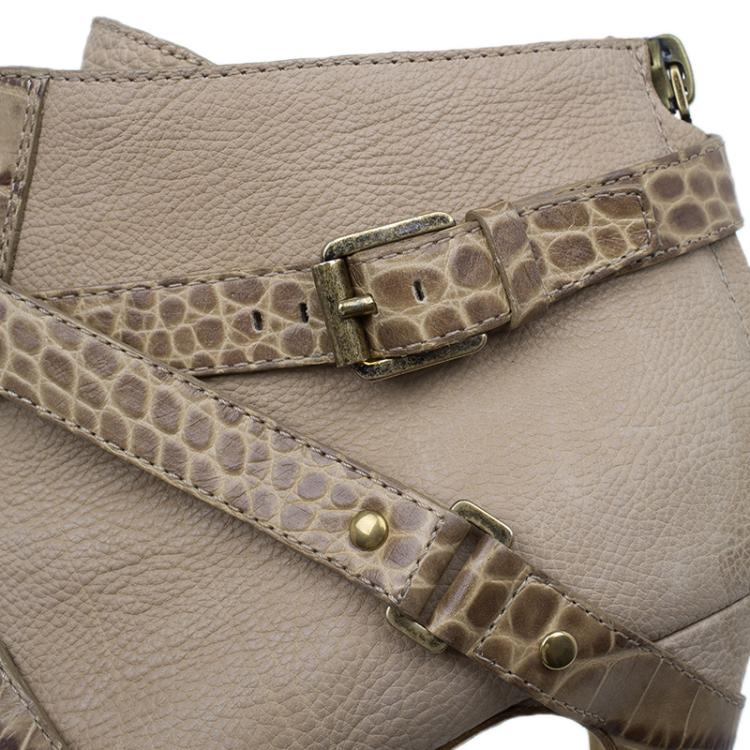 Pre Owned Dior Beige Guetre Leather and Crocodile Print Lace Up Ankle Boots Size 39