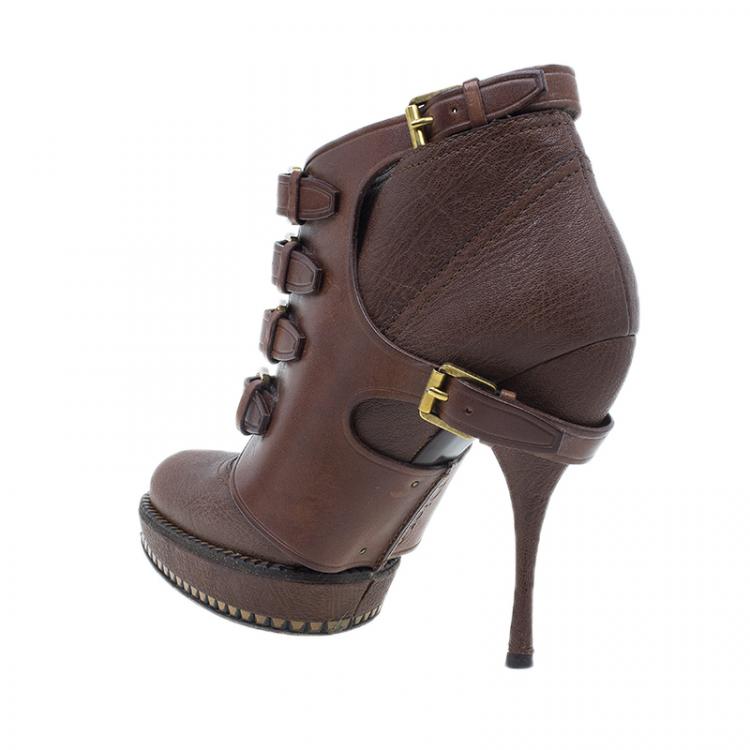 Pre Owned Dior Brown Leather Cavaliere Platform Ankle Boots Size 37 