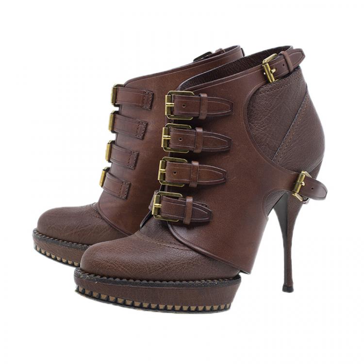 Pre Owned Dior Brown Leather Cavaliere Platform Ankle Boots Size 37 