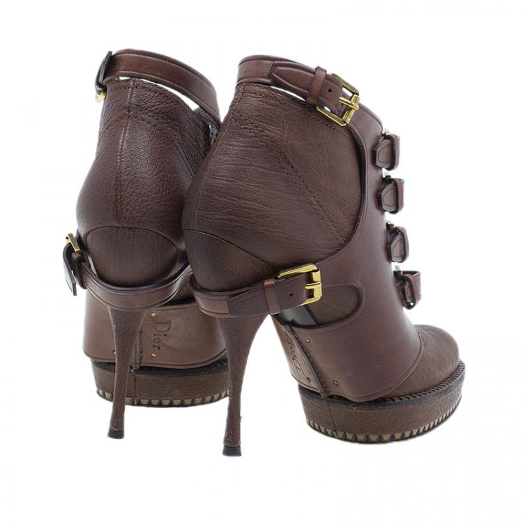 Pre Owned Dior Brown Leather Cavaliere Platform Ankle Boots Size 37 