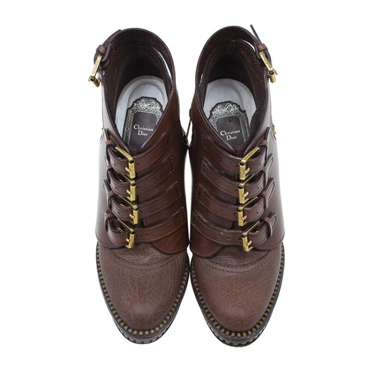 Pre Owned Dior Brown Leather Cavaliere Platform Ankle Boots Size 37 