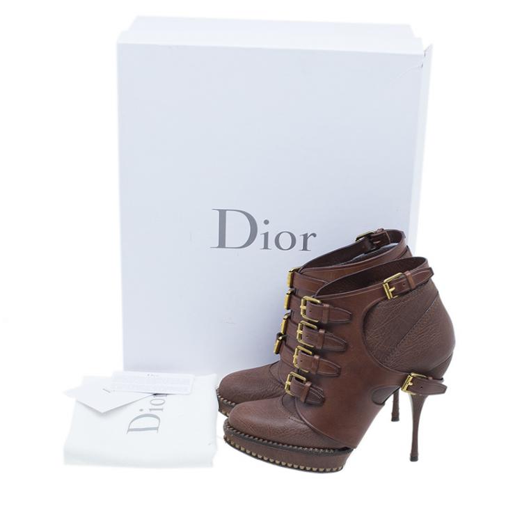 Pre Owned Dior Brown Leather Cavaliere Platform Ankle Boots Size 37 