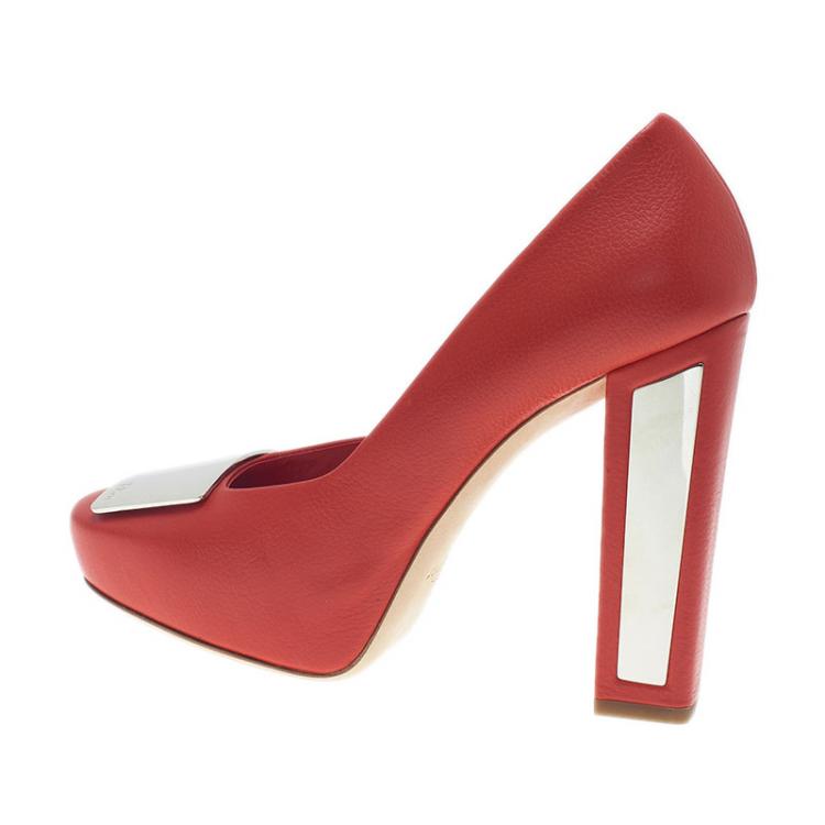 Pre Owned Dior Red Leather Metal Plate Block Heel Pumps Size 38