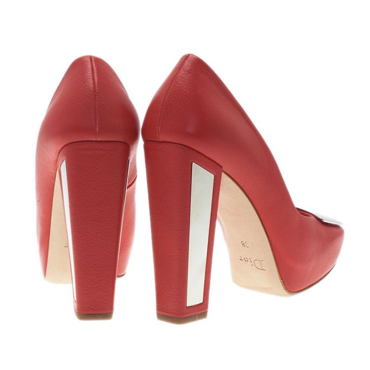 Pre Owned Dior Red Leather Metal Plate Block Heel Pumps Size 38