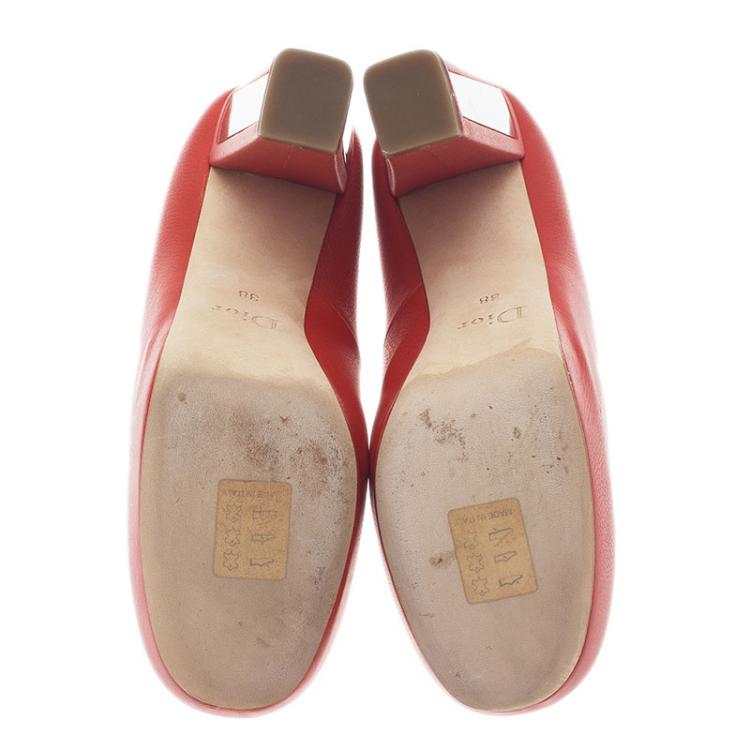 Pre Owned Dior Red Leather Metal Plate Block Heel Pumps Size 38