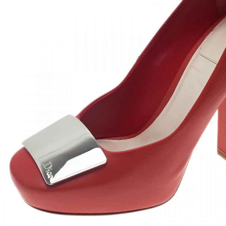 Pre Owned Dior Red Leather Metal Plate Block Heel Pumps Size 38