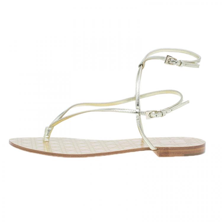 Pre Owned Dior Gold Leather Cannage Thong Sandals Size 40