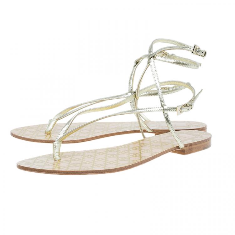 Pre Owned Dior Gold Leather Cannage Thong Sandals Size 40