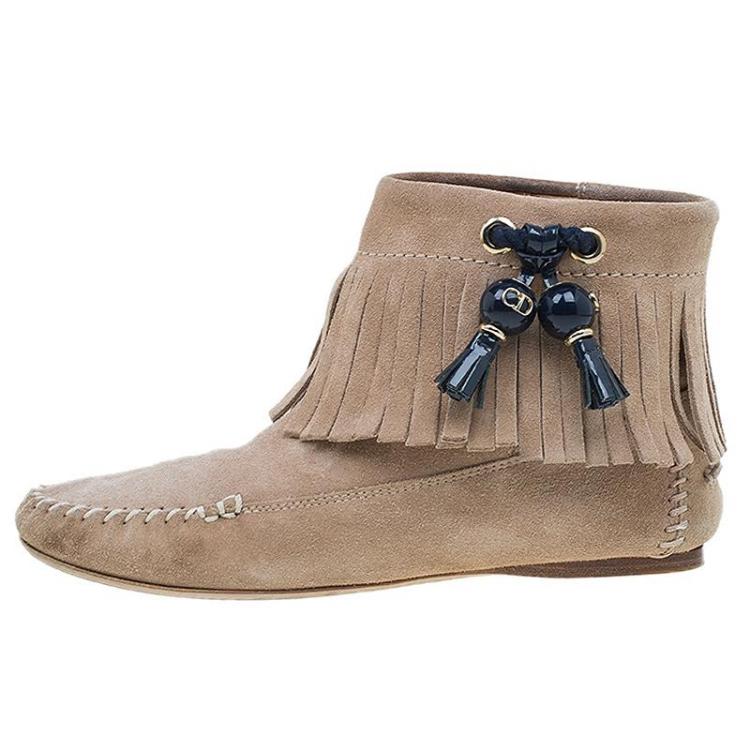 Pre Owned Dior Beige Suede Fringe Booties Size 37