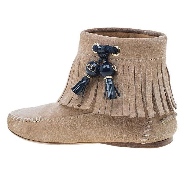 Pre Owned Dior Beige Suede Fringe Booties Size 37