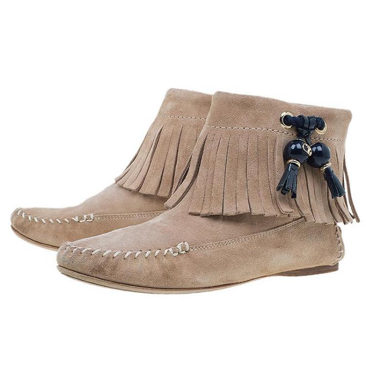 Pre Owned Dior Beige Suede Fringe Booties Size 37