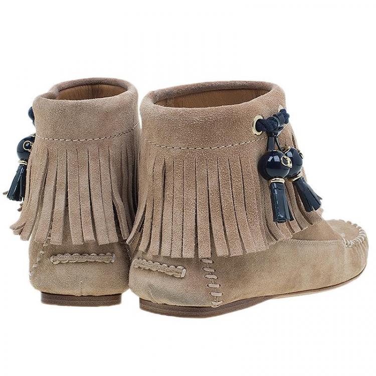 Pre Owned Dior Beige Suede Fringe Booties Size 37