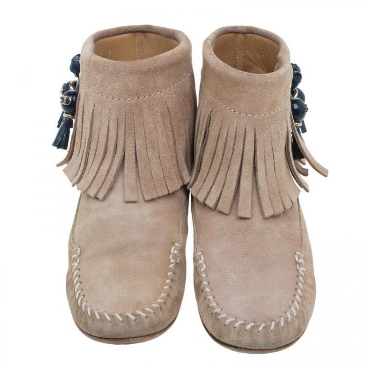 Pre Owned Dior Beige Suede Fringe Booties Size 37